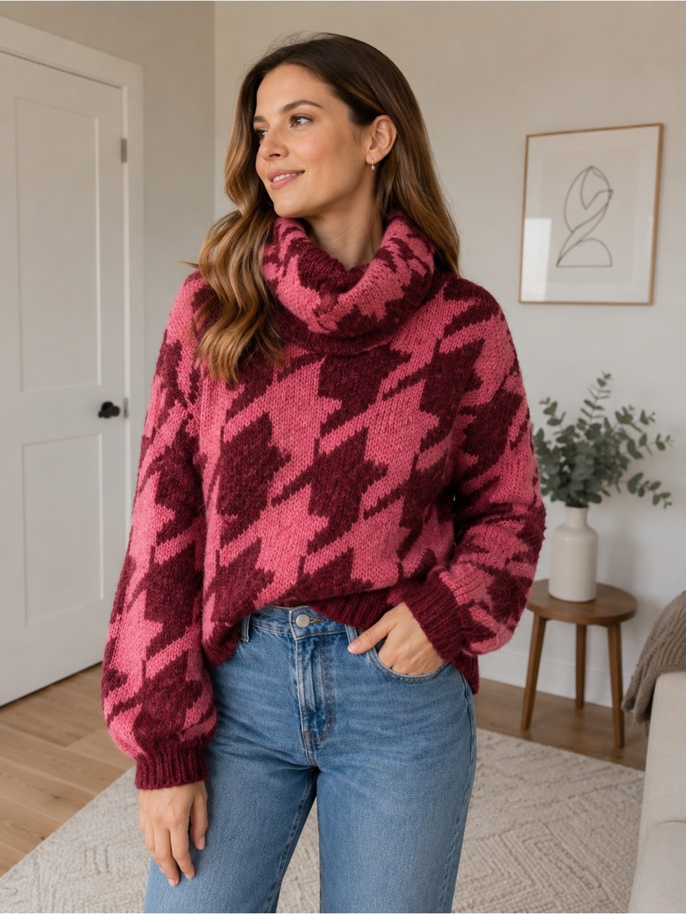 Topshop Houndstooth Cowl Neck Sweater Pink Burgundy Women’s Large Puff Sleeves